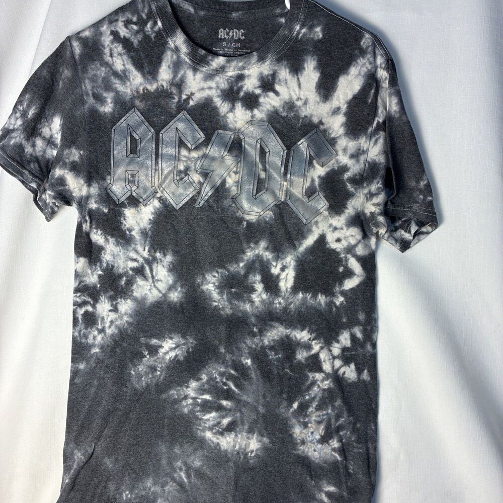 AC/DC Gray Black Tie-Dye Logo T-Shirt - Rock & Pop Band Music Tee small